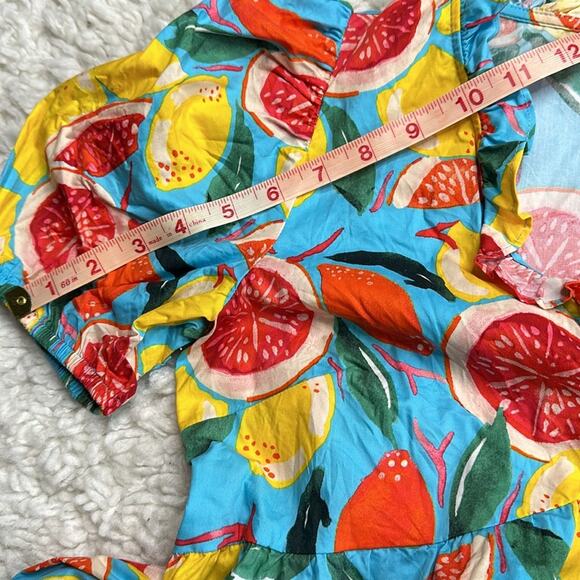 Donna Morgan Colorful Fruit Citrus Lemon Oranges Puff Sleeve MIDI Tier Dress R16 - Picture 9 of 11